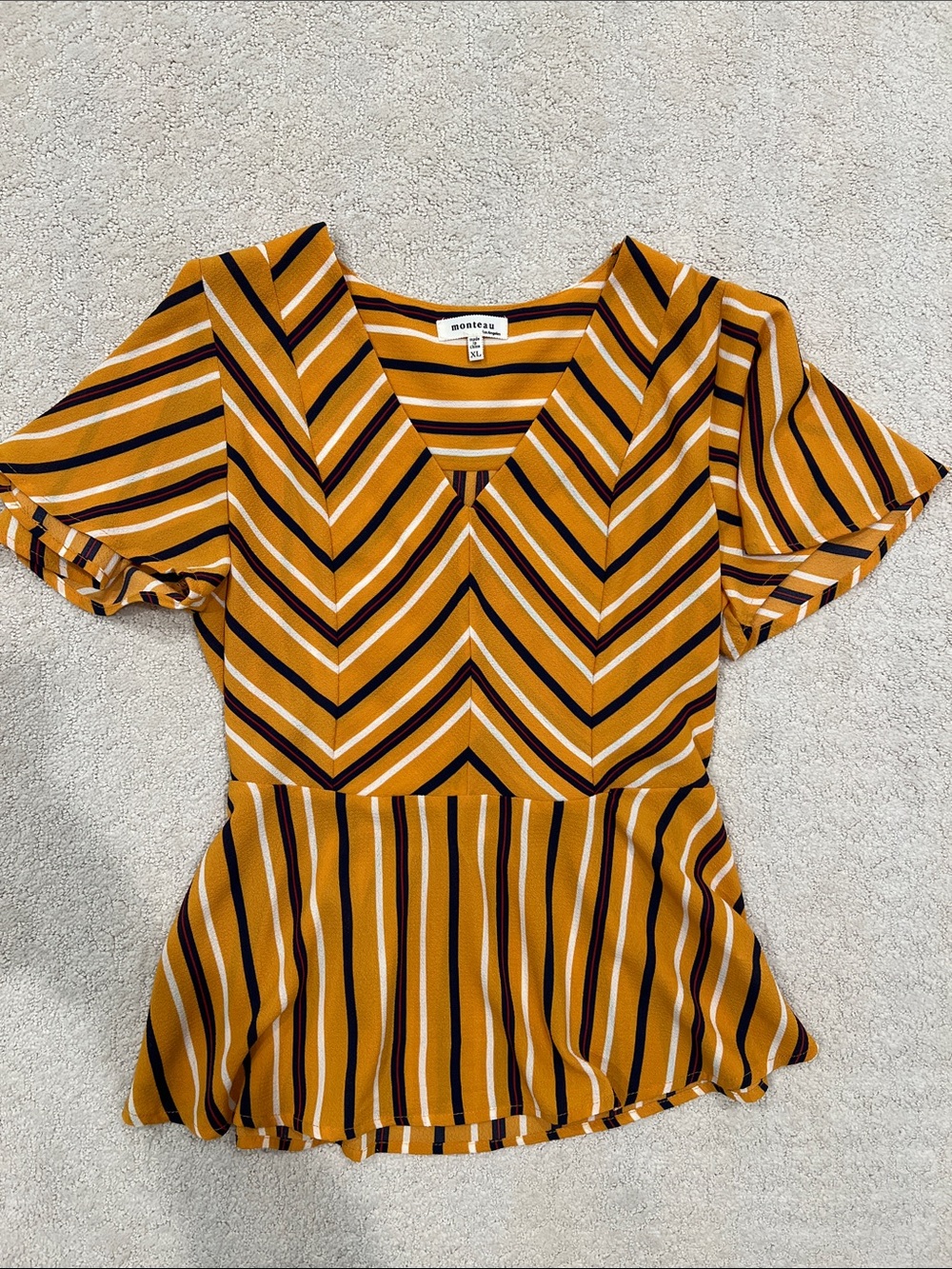 Monteau Mustard Striped V-Neck Peplum Blouse